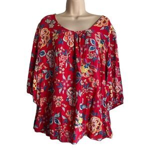 JUNAROSE Blouse Red Floral elastic waist Top 3/4 Sleeve Red Size 20 Zip-back